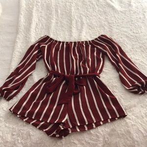 MAROON AND BEIGE STRIPPED ROMPER